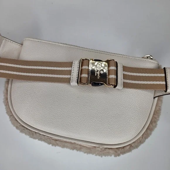 Kate Spade New York Faux Shearling Belt Bag White Leather Tan Stripe K4447 - Picture 4 of 5
